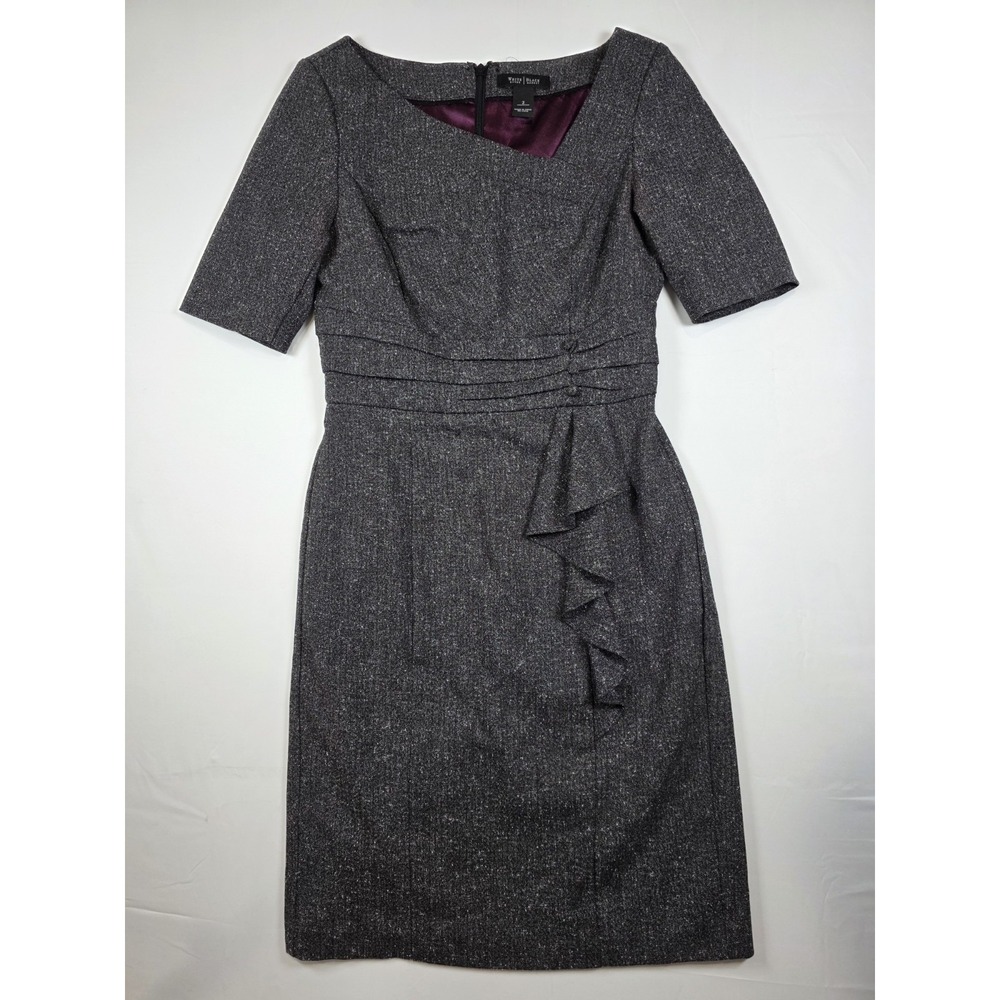 White House Black Market Sheath Dress Asymmetric Neckline Short Sleeve Black 2